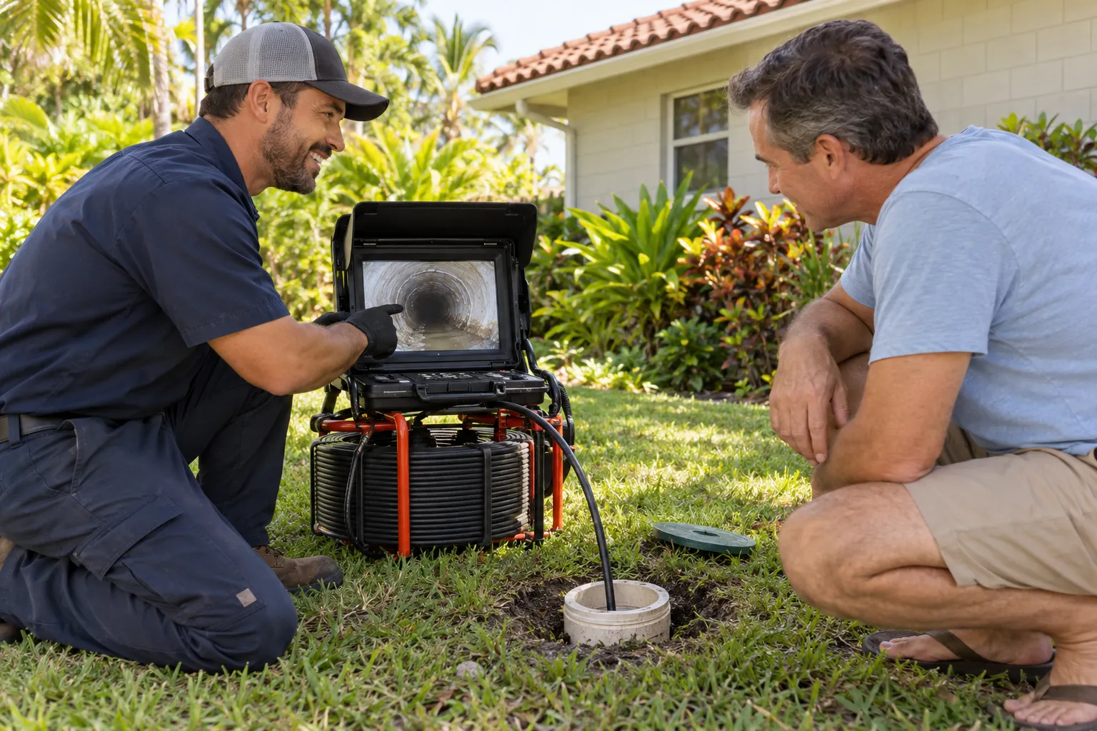 Friendly plumbing provider reviewing a sewer camera screen with a homeowner in a yard in Delray Beach